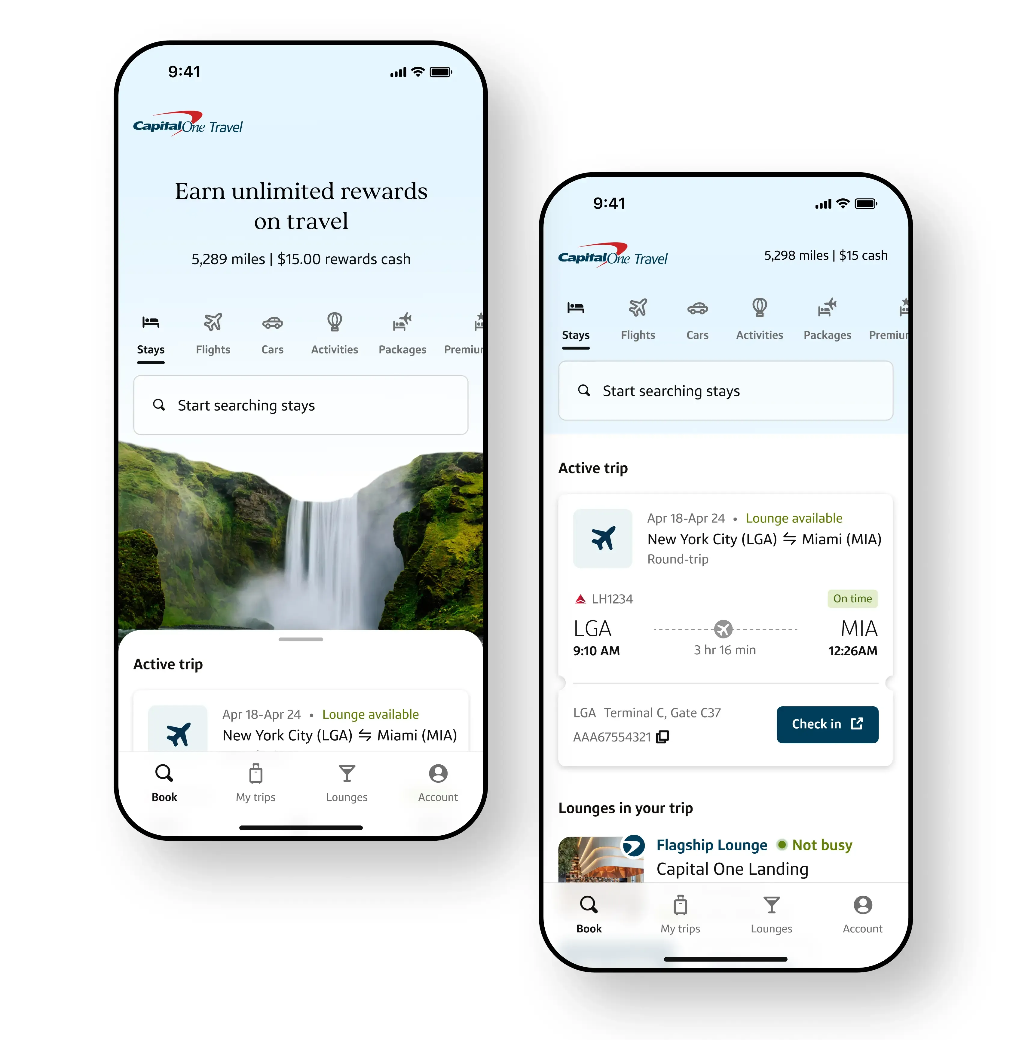 The Capital One Travel app: the home screen and an active trip itinerary.